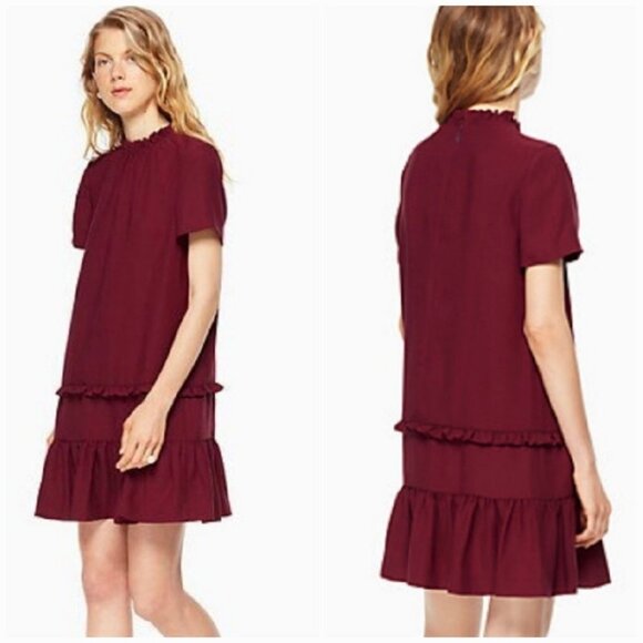 Kate Spade Large Mini Dress Short Sleeve Ruffle Deep Cherry Burgundy - Picture 3 of 10